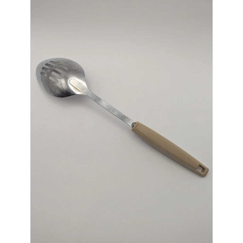 Vintage Slotted Serving Spoon Stainless Steel Faux Wood Handle Japan‎ MCM Retro